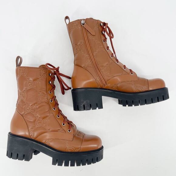 Gucci Cognac Brown Leather Quilted GG Logo Combat Moto Ankle Boot size EU 39.5 - Picture 4 of 15
